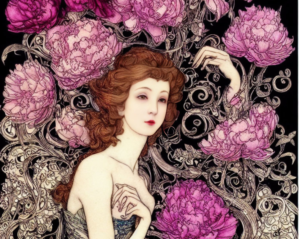 Art Nouveau style illustration of woman with flowing hair and pink peonies