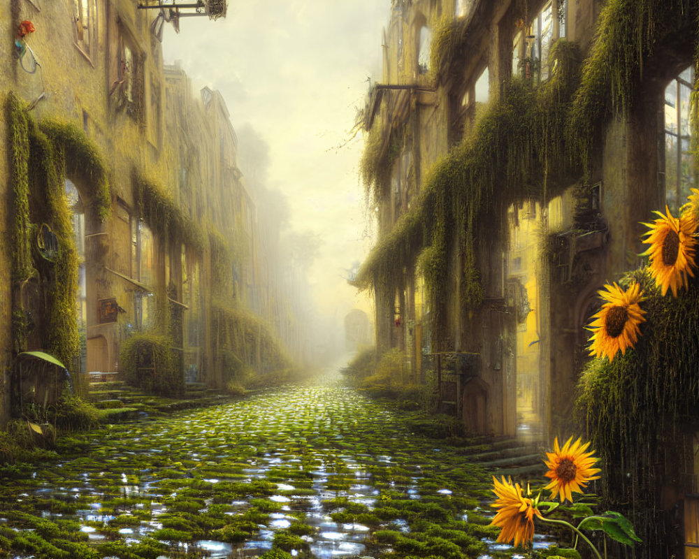 Sunlit cobblestone alley with ivy buildings, puddles, and sunflowers