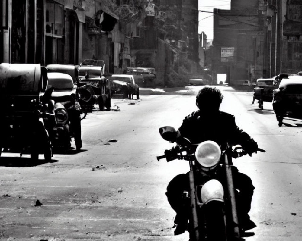 Monochrome urban street scene with person on motorcycle