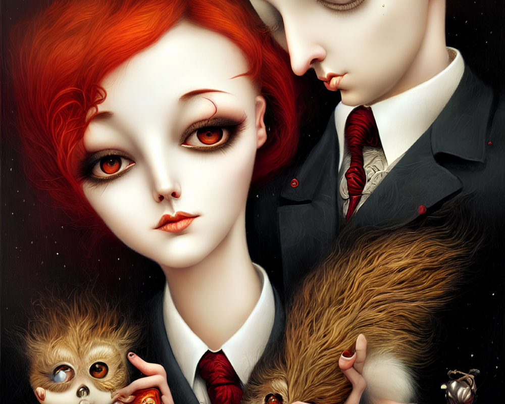 Red-haired girl and boy holding surreal rodents in dark, romantic illustration