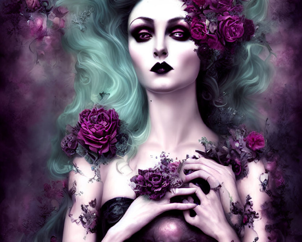 Pale-skinned woman with turquoise hair and dark roses: Gothic style.