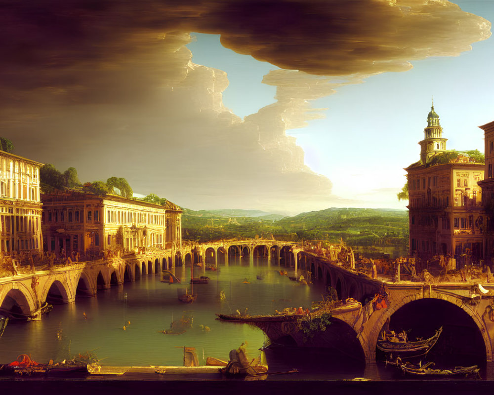 Classical painting of idyllic city with grand buildings, bridge, boats, and dramatic sky