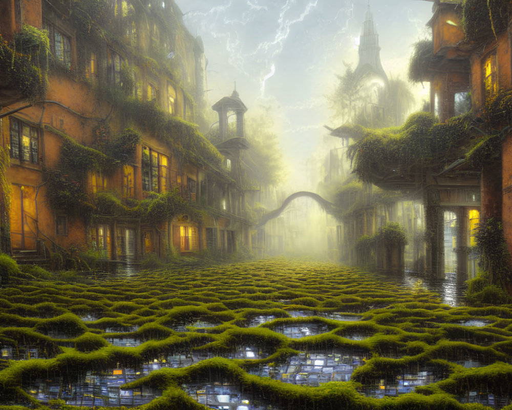 Ethereal cityscape with overgrown greenery and stormy sky