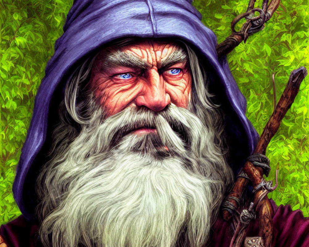 Blue-eyed wizard with white beard, cloak, staff on leafy background