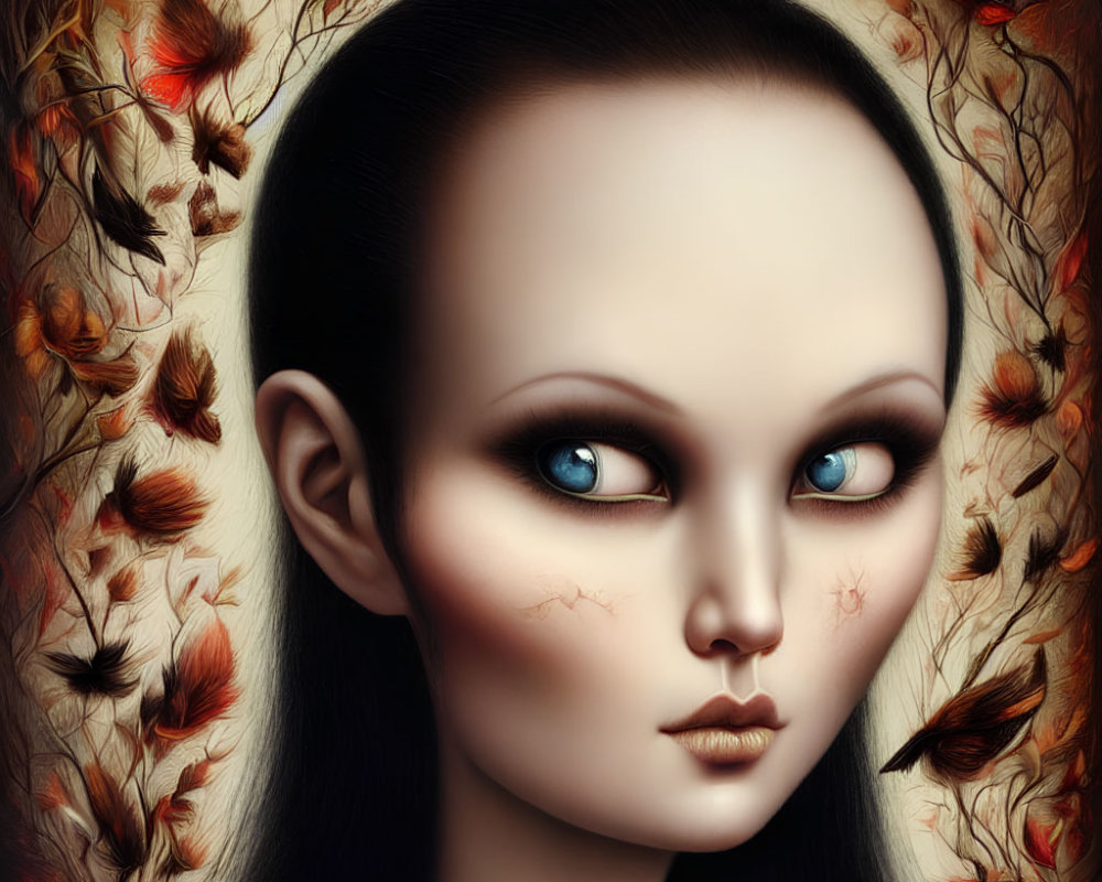 Portrait of a person with large blue eyes in surreal autumn scene