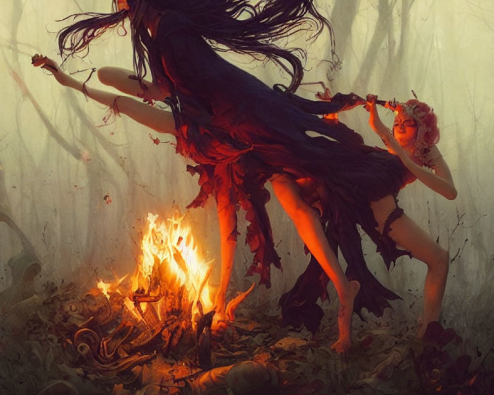 Ethereal figures dancing in mystical forest with staff and fire