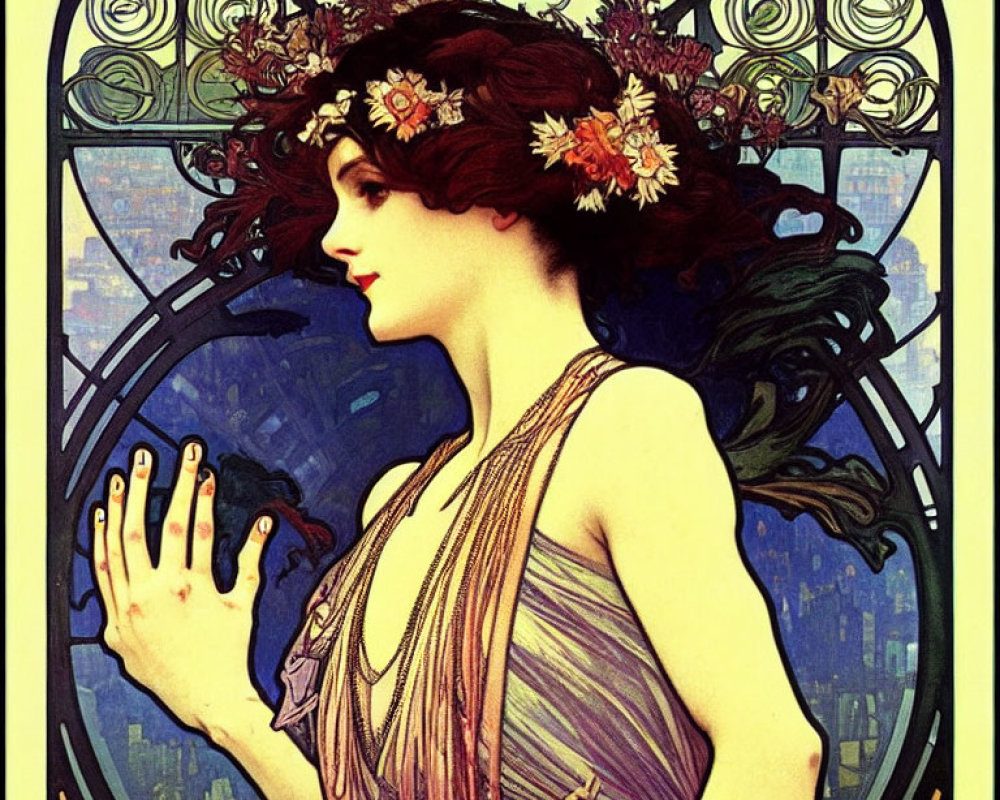 Woman with floral wreath in Art Nouveau-style gown against cityscape