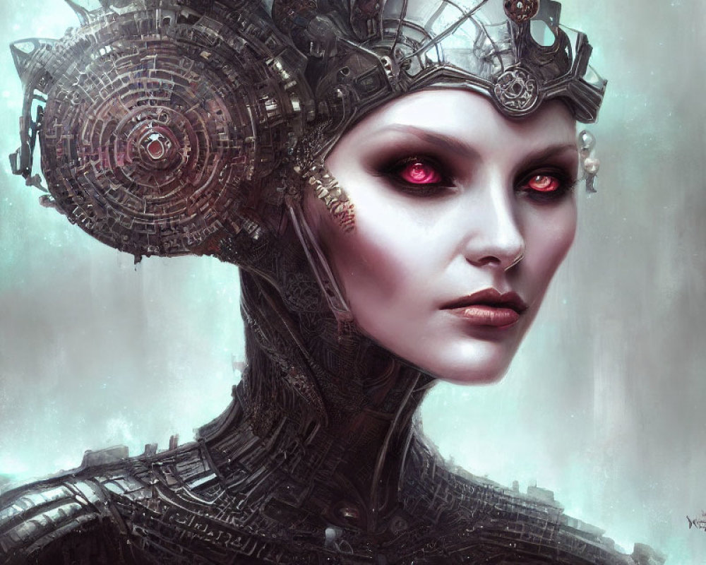 Female cyborg digital art with red eyes and intricate mechanical details