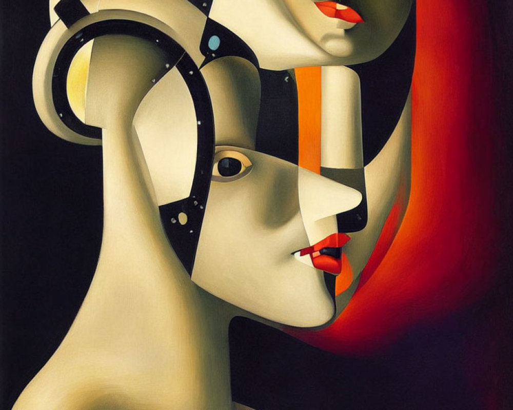 Surreal painting: Interlocking faces with abstract and mechanistic elements