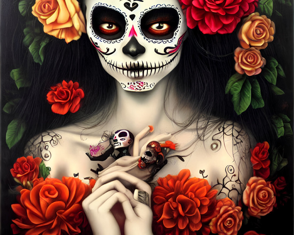 Illustrated woman with skull face and roses in Dia de los Muertos makeup