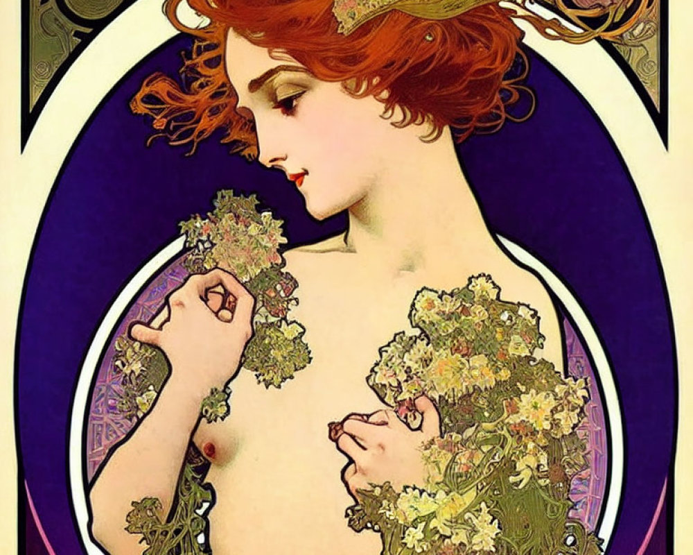 Art Nouveau Woman Illustration with Red Hair and Floral Motif