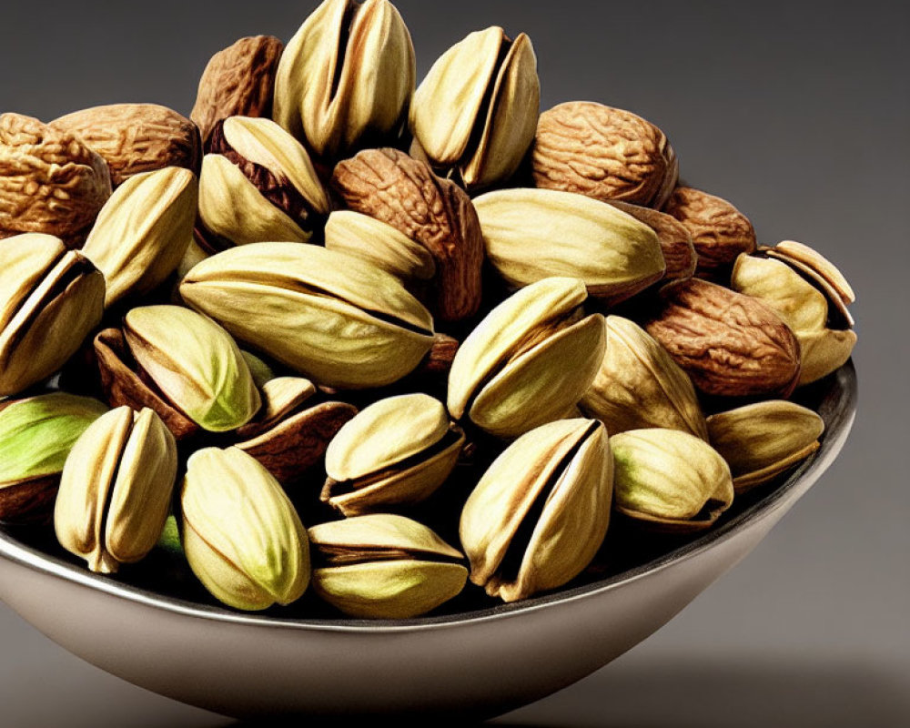 Mixed Nuts Bowl with Green Pistachios and Brown Walnuts on Neutral Background