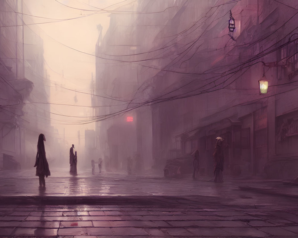 Misty city street scene with silhouetted figures and glowing street lamps