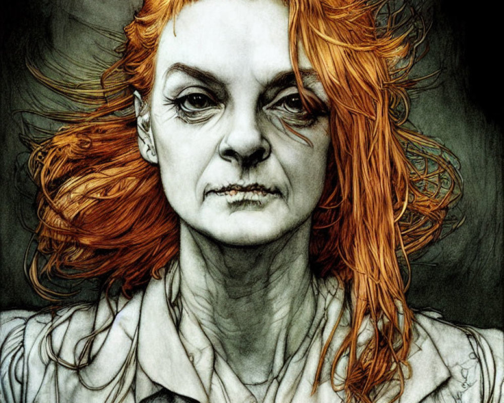 Detailed monochrome illustration of person with orange hair and intense gaze