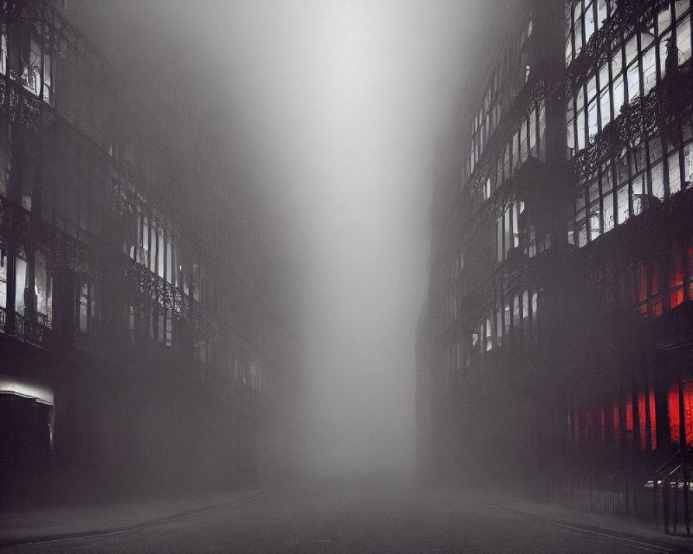 Foggy urban street with intricate facades and red glow