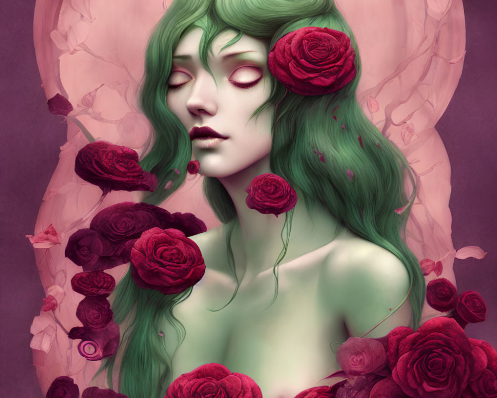 Illustration of woman with green hair and red roses on pink background