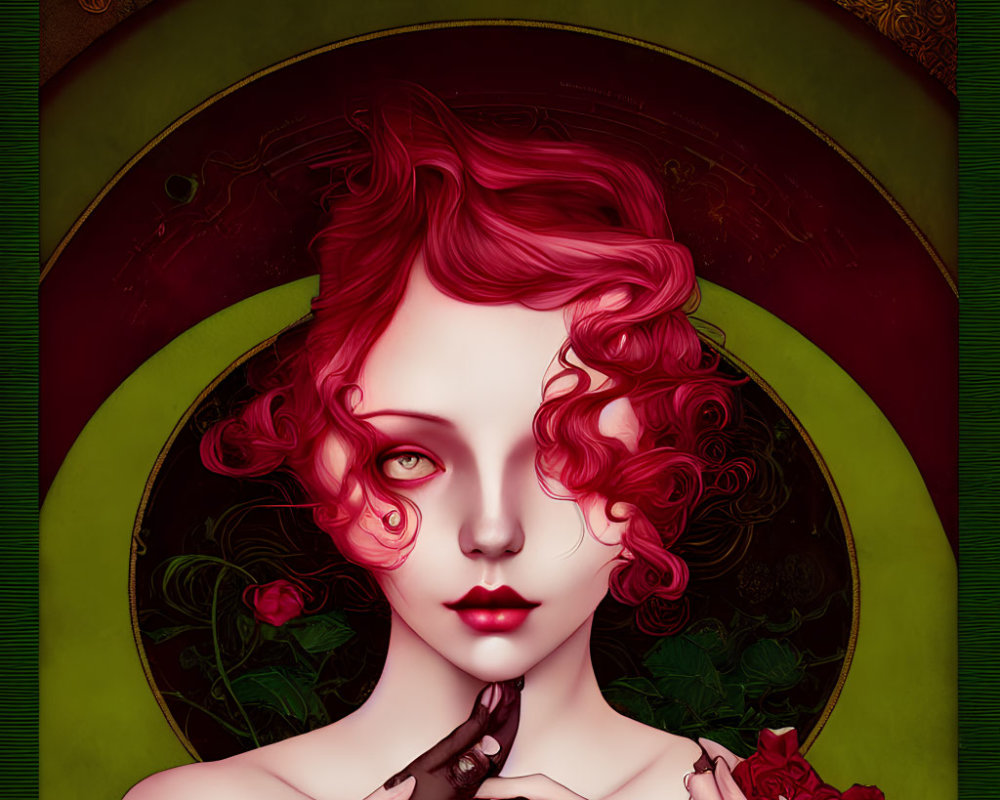 Red-haired woman with rose in circular green-gold backdrop