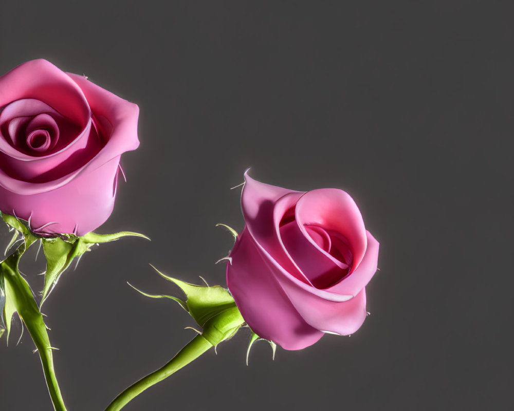 Pink roses: one bloomed, one budding, on gray background