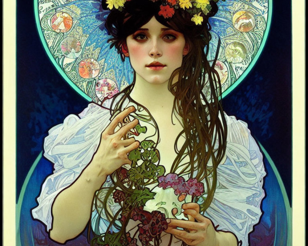 Woman with floral wreath holding snake in ornate circular frame surrounded by vines and flowers