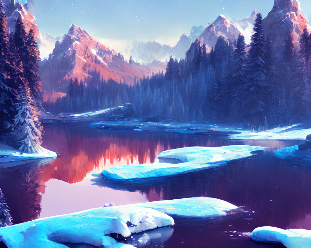 Snowy Winter Landscape with Pink Skies Reflected in Lake