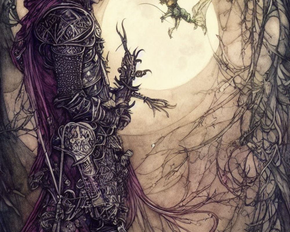 Fantastical warrior in purple armor in enchanted forest with fairy under full moon