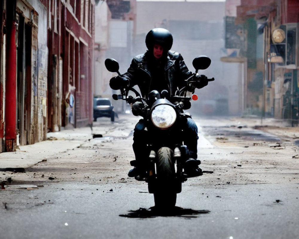 Person in black riding gear on motorcycle in urban setting