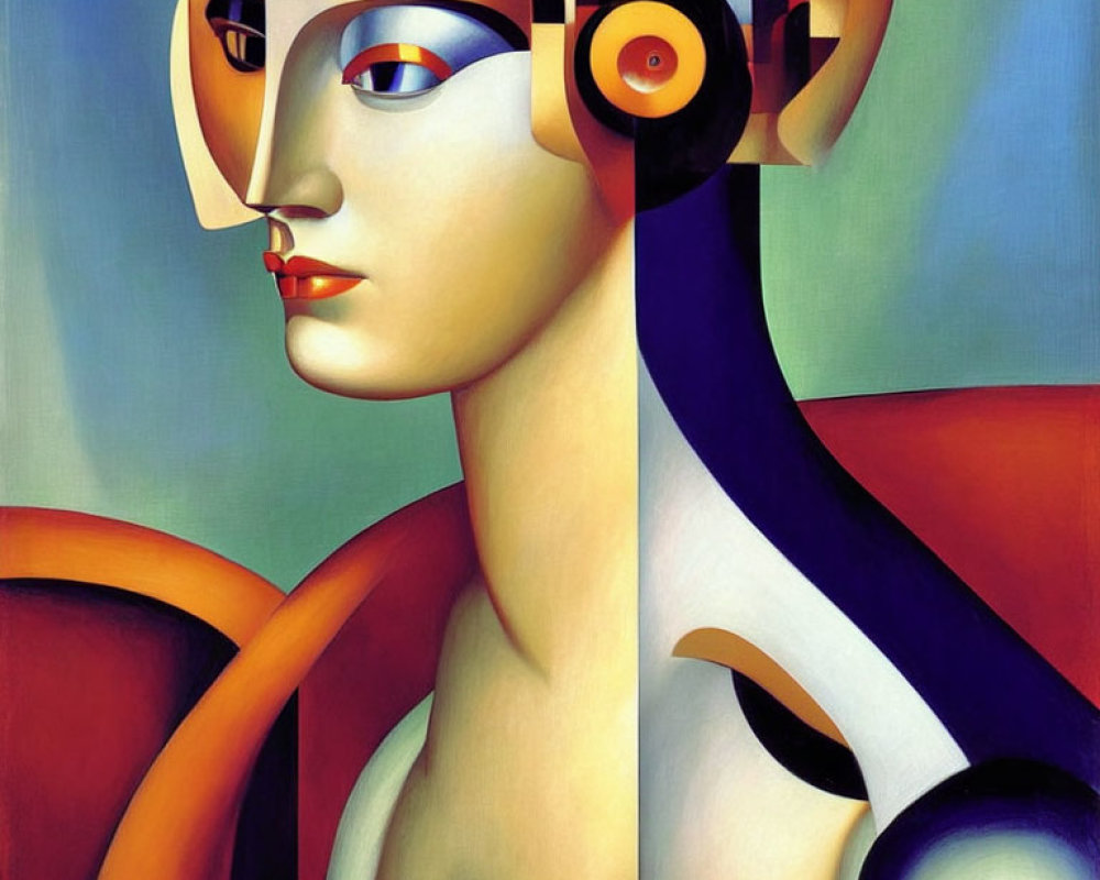 Abstract Stylized Female Figure with Vibrant Colors and Mechanical Elements