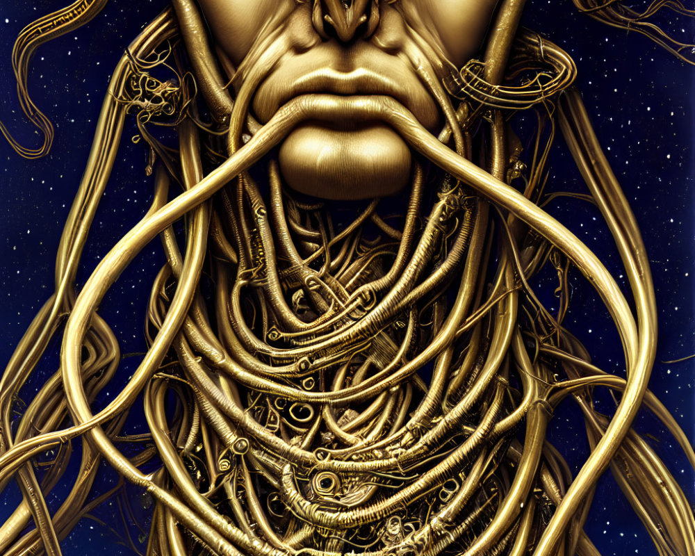 Golden mechanical face with cables and hoses on starry backdrop.