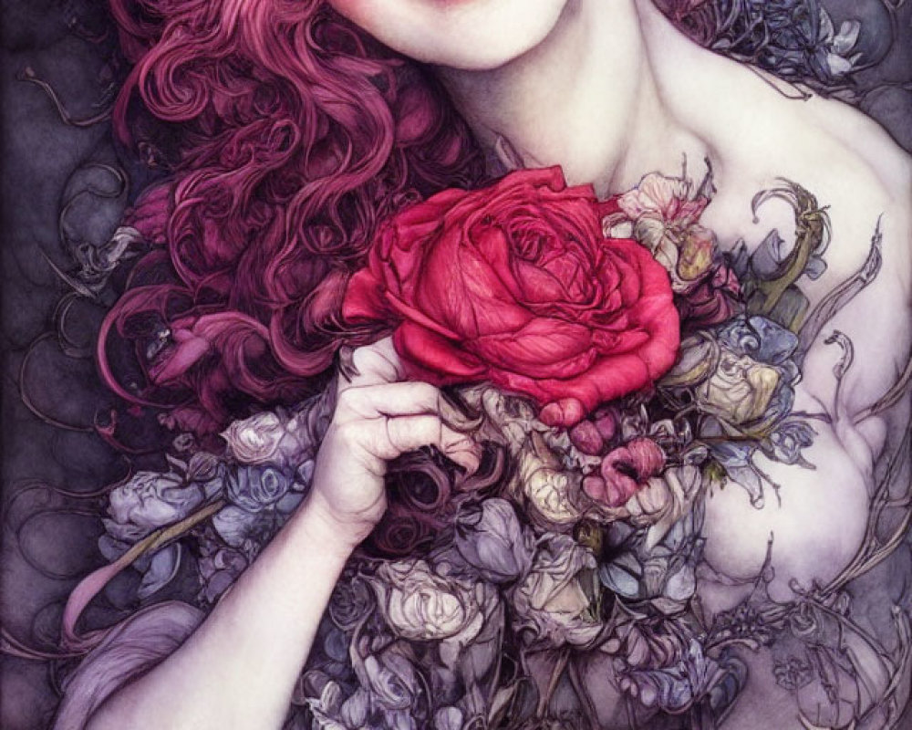 Whimsical illustration of woman with red curly hair and roses