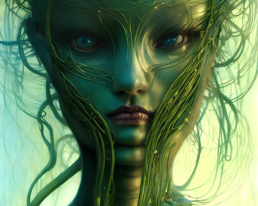 Mystical green-skinned figure with intricate vines and tendrils in hair