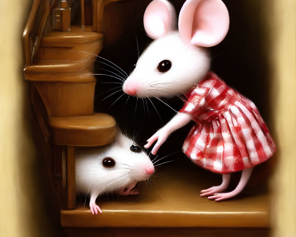 Anthropomorphic mice on staircase; one in red dress, other peeking.