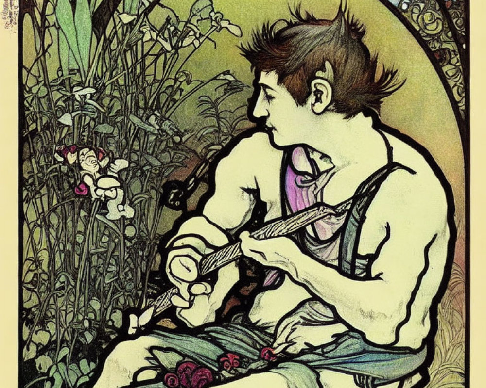 Art Nouveau Style Illustration of Satyr Playing Stringed Instrument