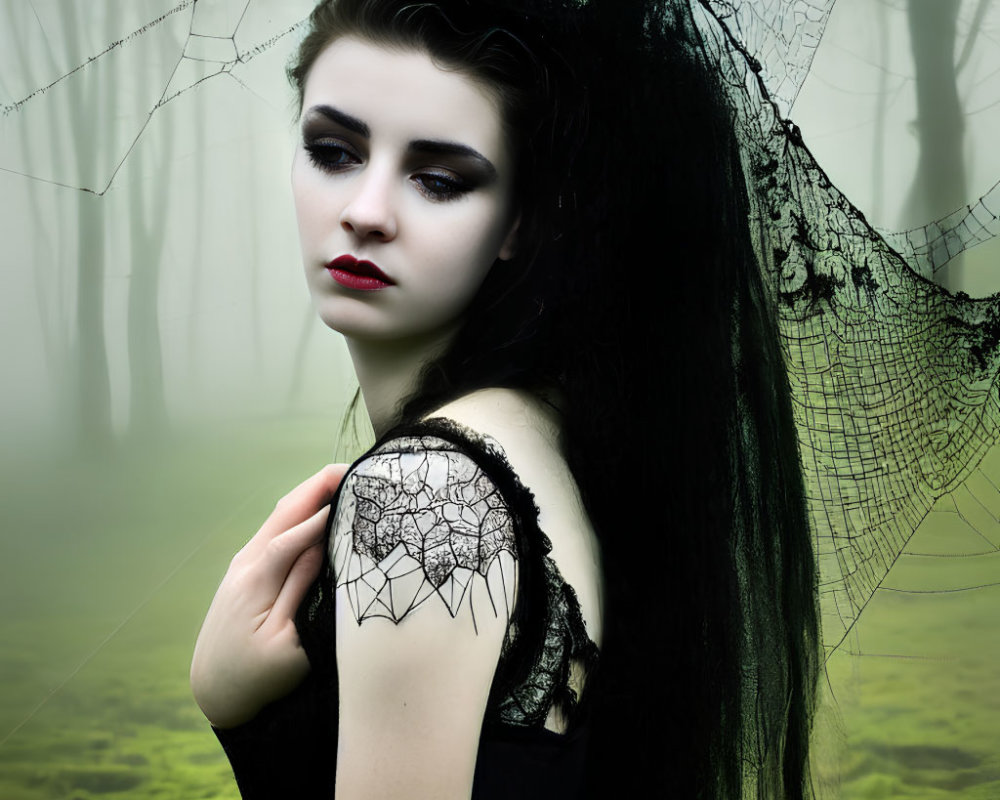 Woman with dark makeup in spider web motif in misty forest.