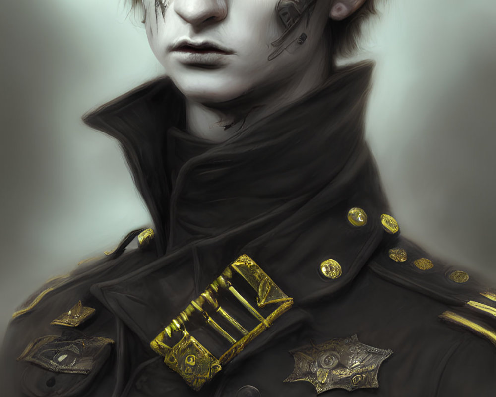 Digital artwork of a man with dark hair, pale skin, intense eyes, military-style jacket.