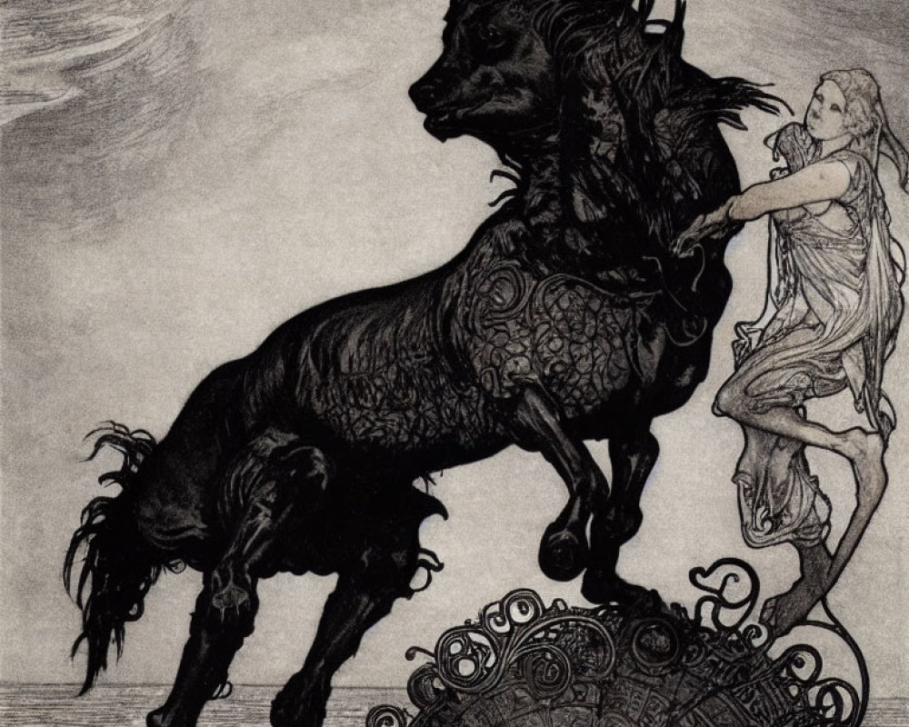 Ethereal woman riding black stag above circular motif