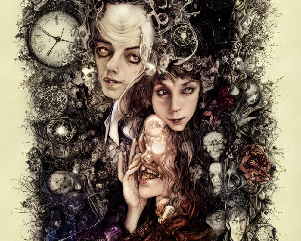 Surreal artwork: Two characters with clockwork hair, roses, skulls, and glowing orb.