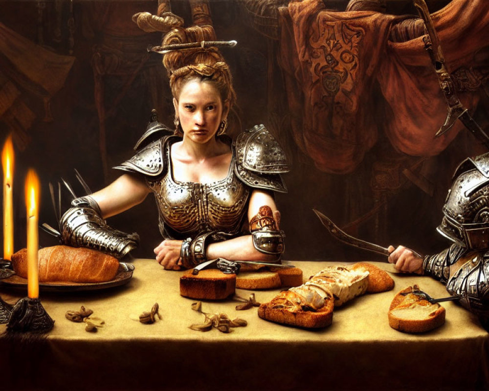 Medieval-themed image: Woman in armor at table with bread, goblet, candles, and helmet