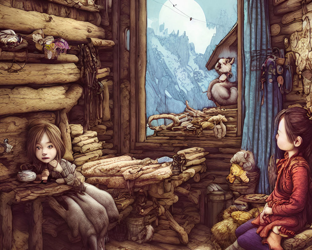 Cozy wooden cabin with snowy mountain view and plush toys.