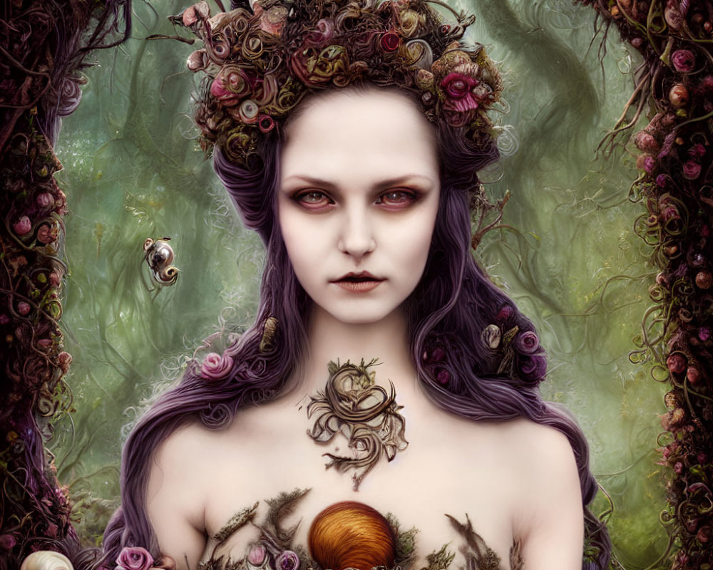 Pale woman with purple hair in floral crown surrounded by greenery, snail, and bee.