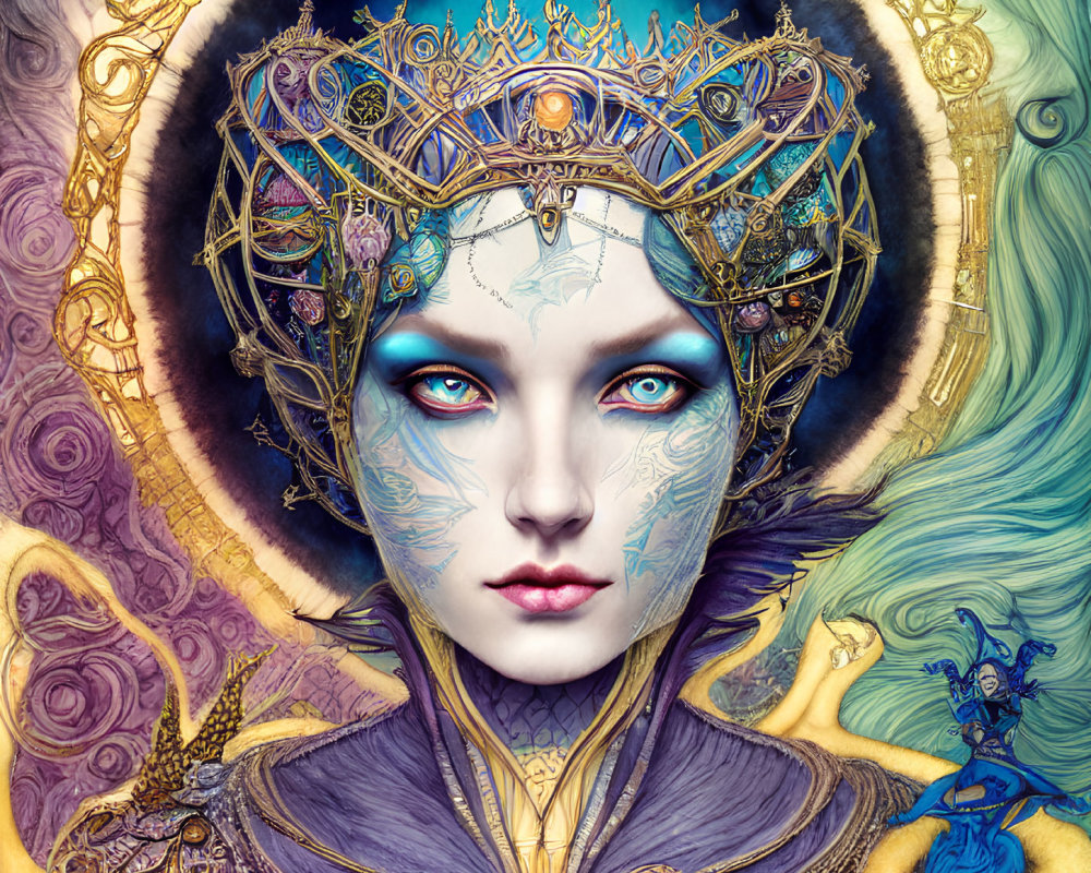 Colorful Woman Illustration with Intricate Headgear and Blue Eyes