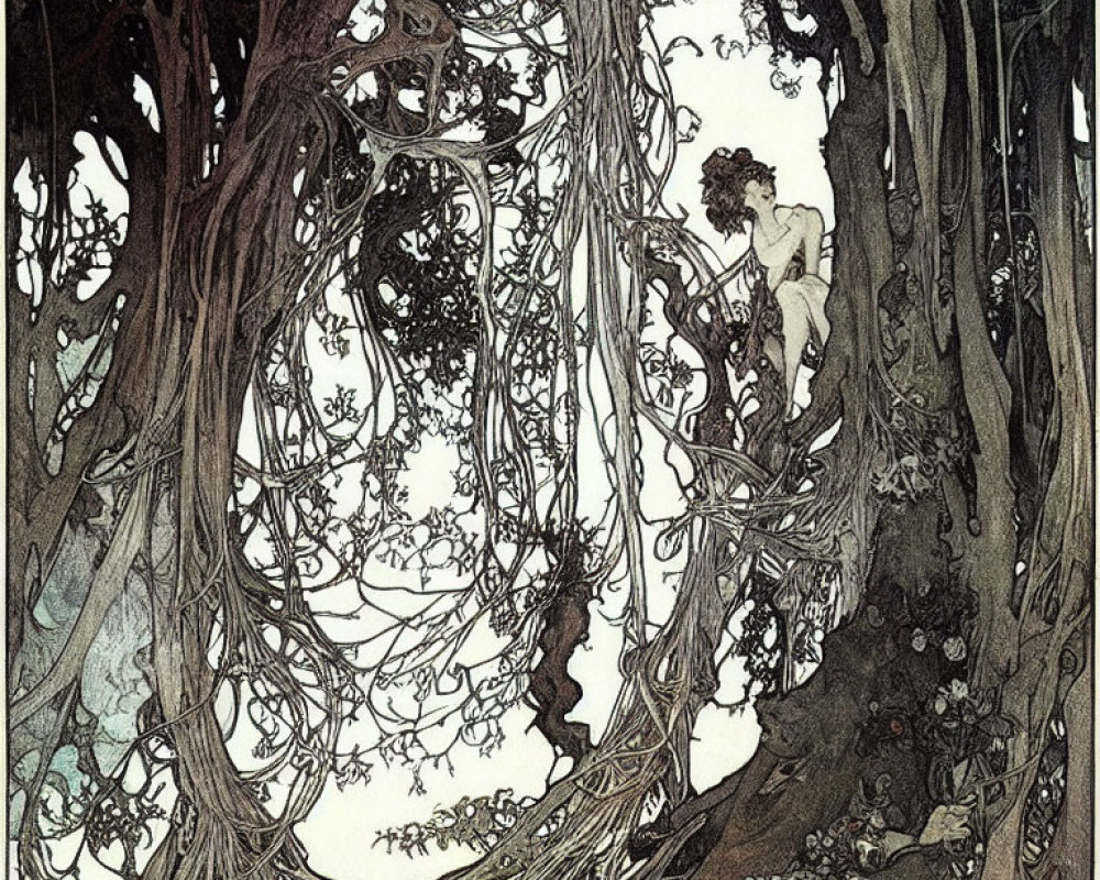 Detailed Illustration: Mystical Forest with Dense, Intertwined Trees