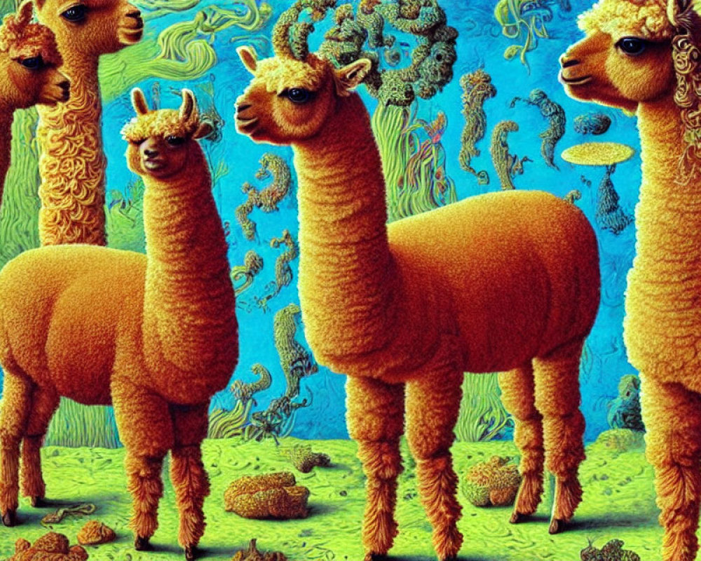 Stylized llamas with intricate fur patterns on a whimsical blue background