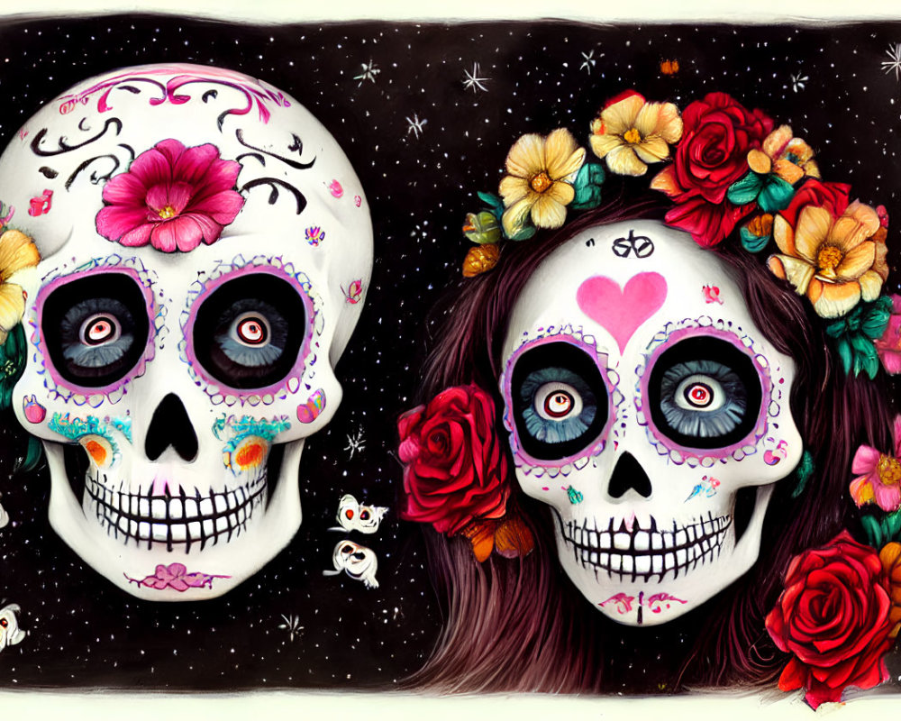 Decorated Día de los Muertos skulls with floral designs on starry background