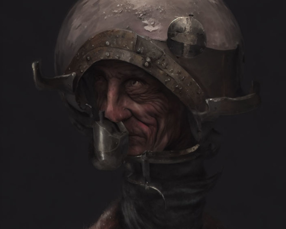 Digital artwork: Aged figure in futuristic helmet with respirator and neck seal