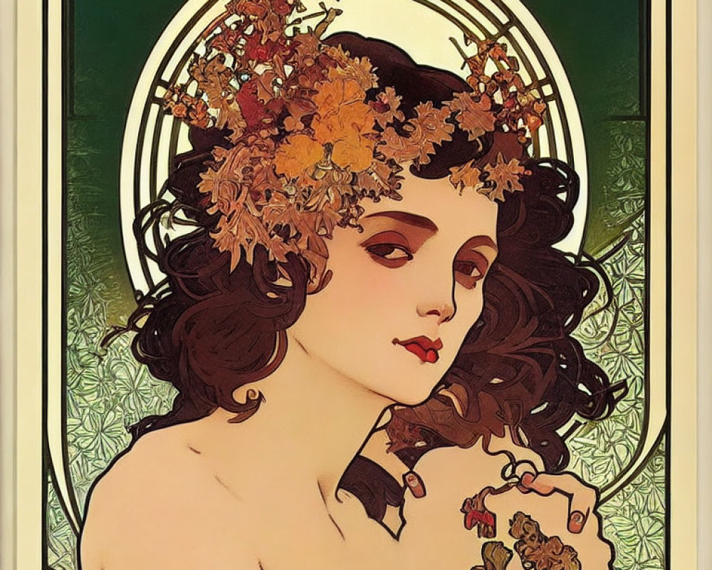 Woman with floral crown in Art Nouveau style illustration