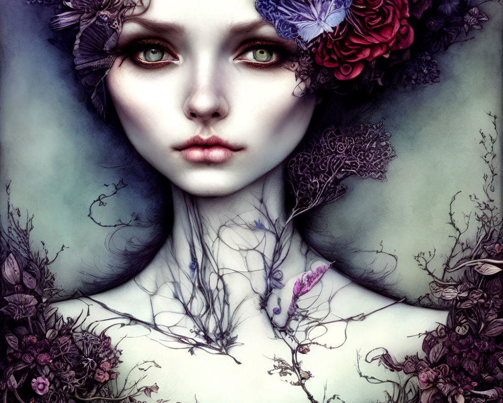 Pale woman with green eyes, dark florals, and butterfly in digital art