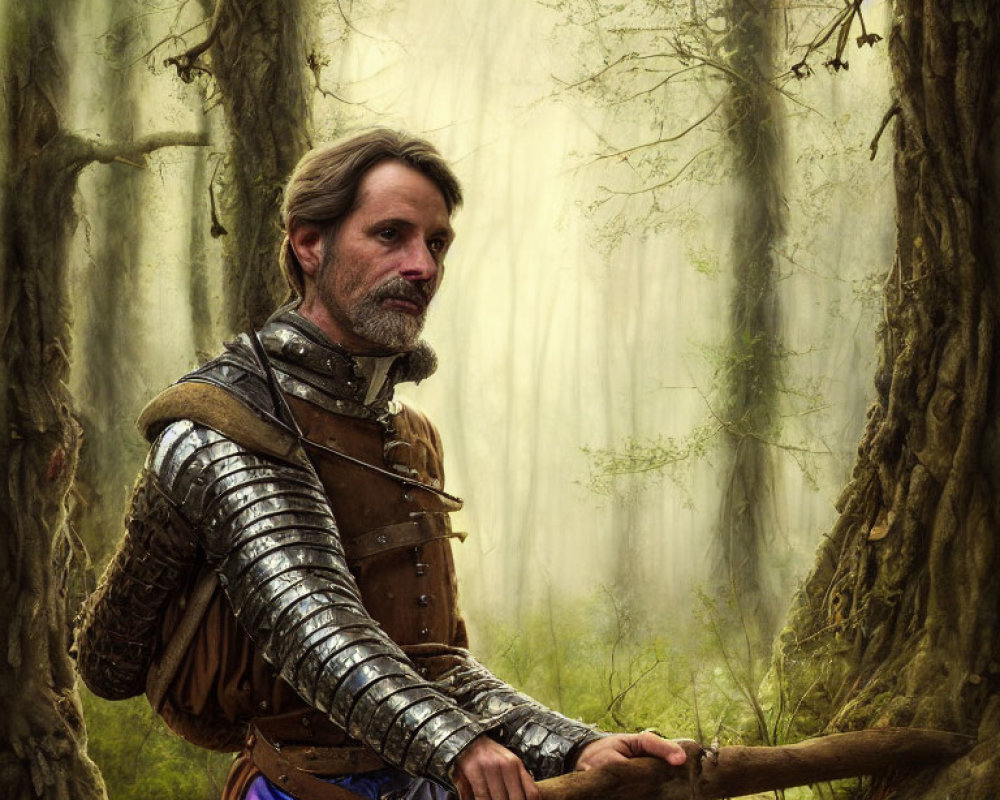 Bearded knight in full plate armor with battle axe in misty forest