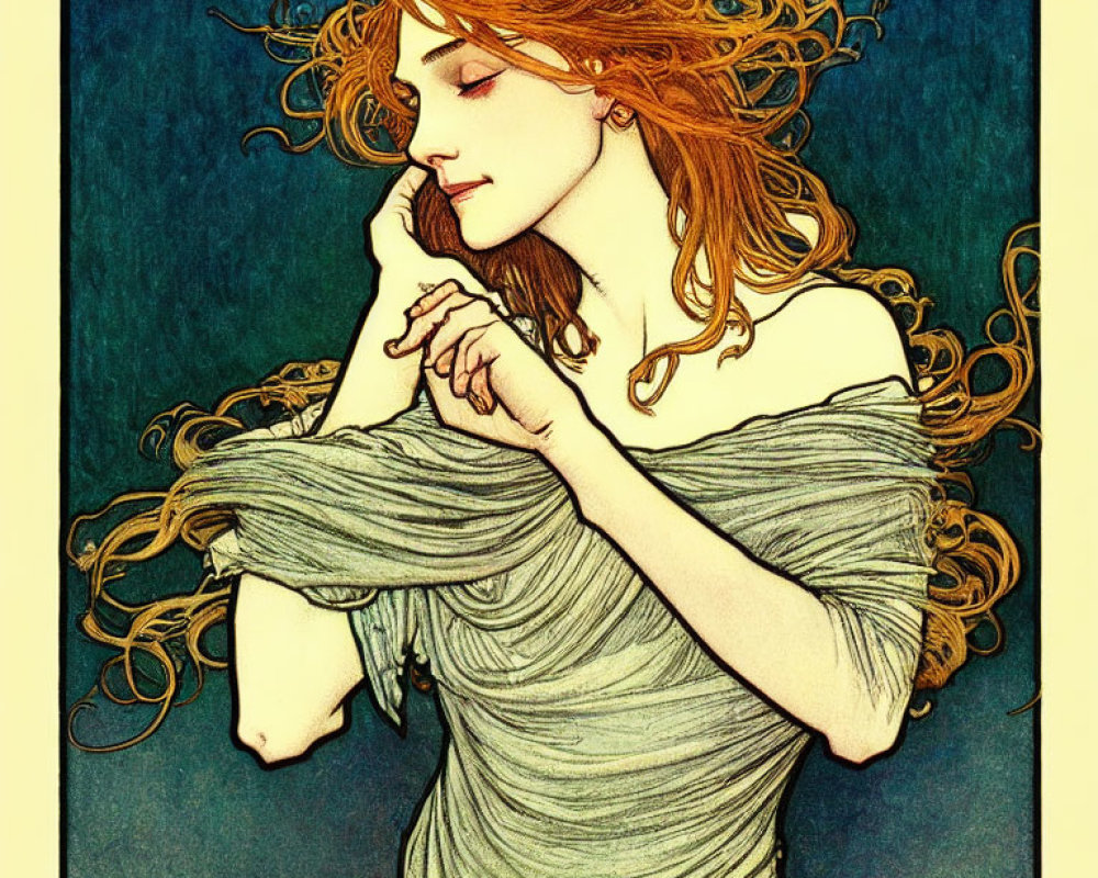 Art Nouveau Style Illustration: Woman with Red Hair in Off-Shoulder Dress