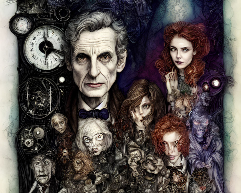 Detailed illustration of man with expressive eyes surrounded by fantastical creatures in dark setting