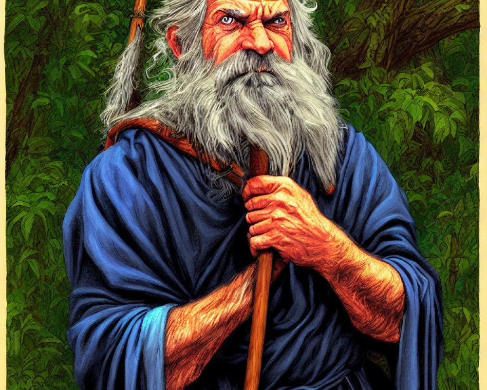 Elderly man with long white beard in blue cloak, holding staff, in forest setting